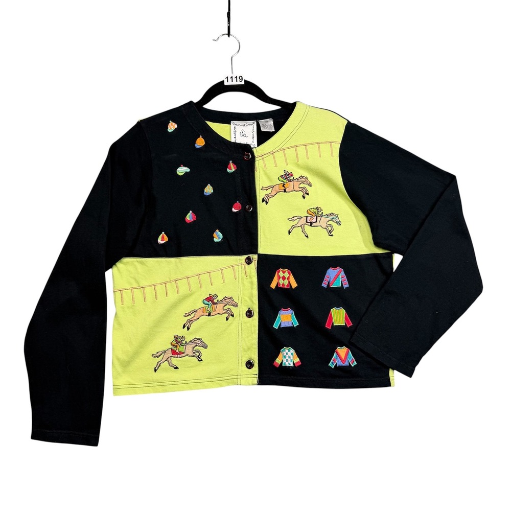 Vintage Michael Simon Lite Cardigan PM Black Horse Race Embroidered Wearable Art